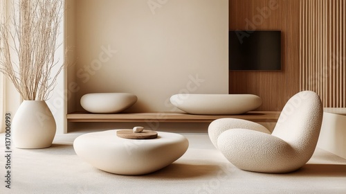 Minimalist Beige Living Room with Sculptural Seating and Wood Accents ,interior design ,beige decor