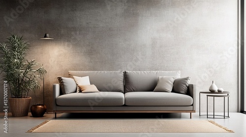 Minimalist Living Room with Gray Sofa, Plant and Concrete Wall , Interior , Design