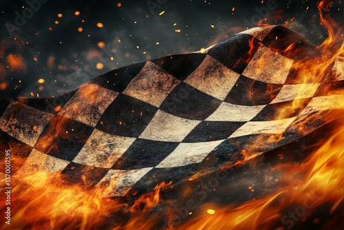 A checkered racing flag engulfed in vibrant flames and sparks