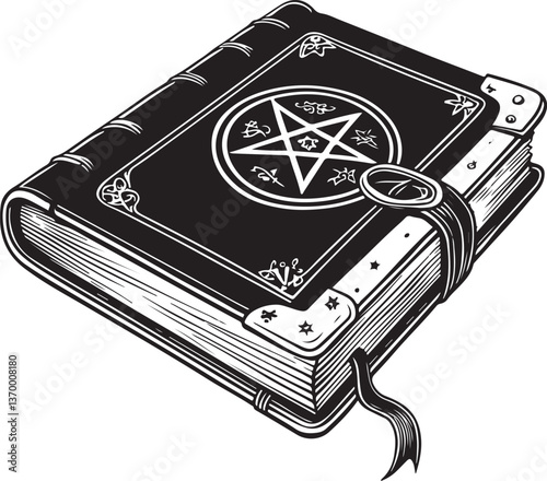 Spell Book of Magic Black and White Vector Illustration, Sketch Drawing Line Linear Engraving, Hand-drawn Isolated