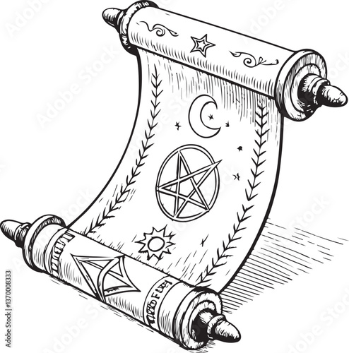 Magic scroll Black and White Vector Illustration, Sketch Drawing Line Linear Engraving, Hand-drawn Isolated