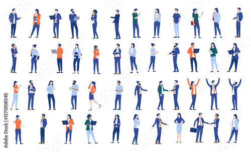 Businesspeople and working people vector collection - Set of business characters graphics standing, doing work, using computers and talking in side view flat design