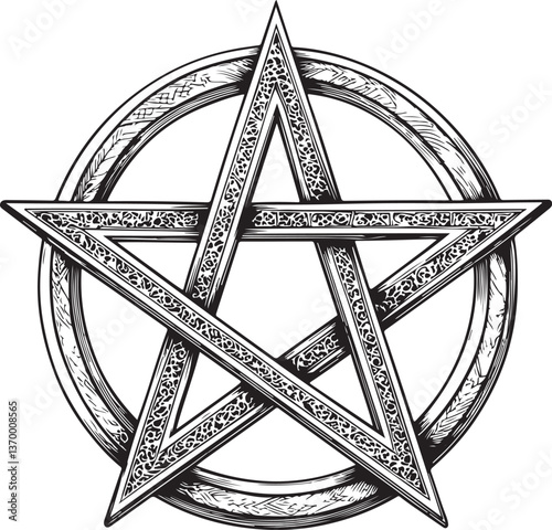 Pentagram Symbol Black and White Vector Illustration, Sketch Drawing Line Linear Engraving, Hand-drawn Isolated
