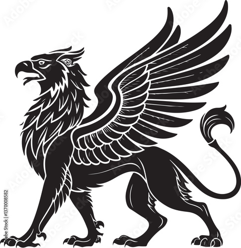 Griffin Black and White Vector Illustration, Sketch Drawing Line Linear Engraving, Hand-drawn Isolated
