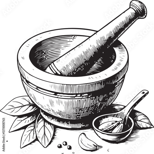 Mortar and pestle Black and White Vector Illustration, Sketch Drawing Line Linear Engraving, Hand-drawn Isolated