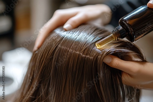Cosmetologist trichologist applying serum on young woman's hair, lady lying on table in luxury spa salon