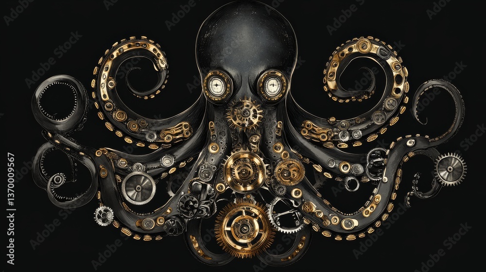 Obraz premium Steampunk Octopus with Intricate Clockwork Details