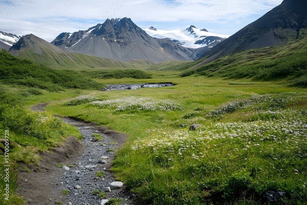 Fototapeta premium Scenic valley with path, flowers, mountains, and glaciers in background