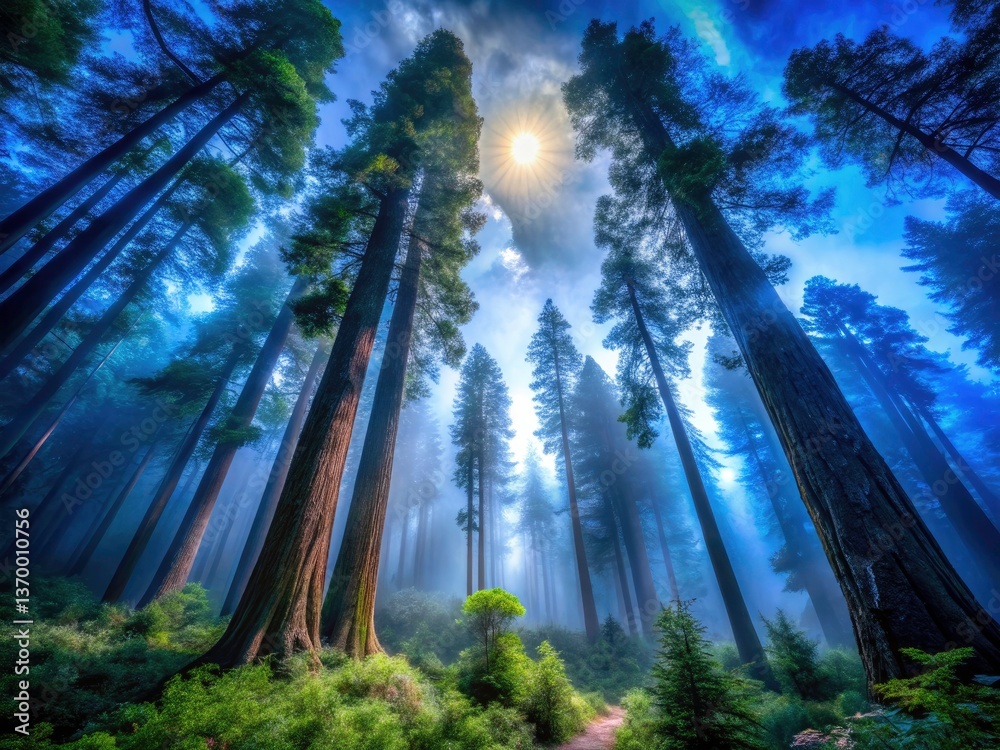 Obraz premium Foggy Redwood Forest Night Photography - Mystical Redwood Trees, Night Scene, Dark Forest, Atmospheric Photography