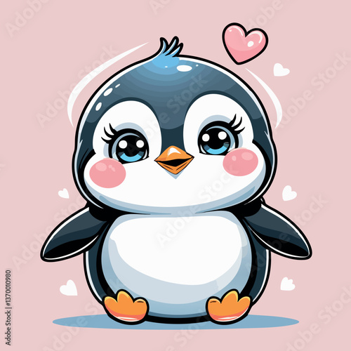 Cute kawaii cartoon penguin with hearts and blushing cheeks