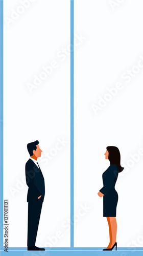 a business man and business woman standing 6 feet apart and looking at each other outside an office building
