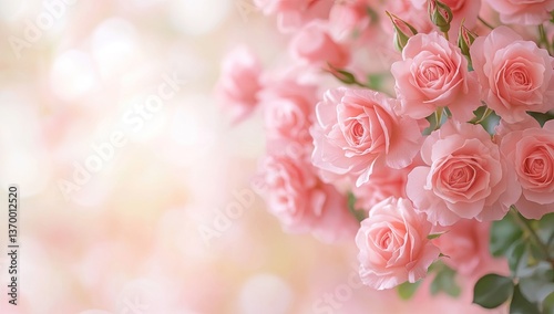Delicate, pastel pink roses in a soft, blurred background