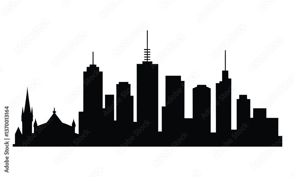Obraz premium Melbourne City Skyline Silhouette, Vector, Icon, Logo, White Background.