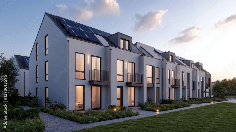 Obraz premium Modern Residential Building with Solar Panels at Sunset