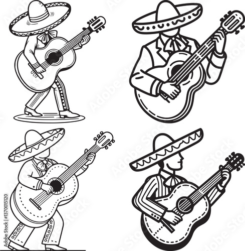 Vector art of a guitarist's silhouette playing electric string instruments