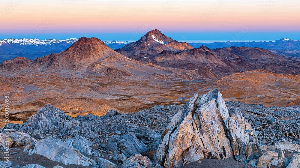 Naklejka premium Stunning mountain sunset over rugged landscape patagonia nature photography serene environment wide angle view