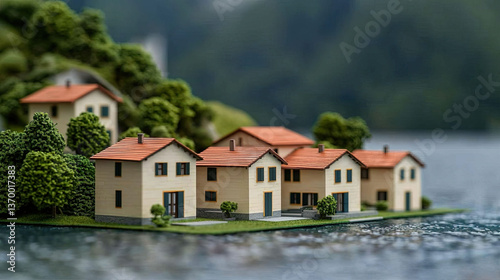 Wallpaper Mural Miniature model homes on waterfront landscape nature architecture tranquil environment close-up view real estate concept Torontodigital.ca