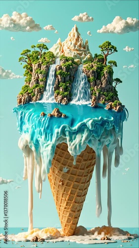 A melting ice cream cone with a surreal landscape inside, featuring waterfalls and floating islands, food photography, creative, food advertisement template, modern food ad