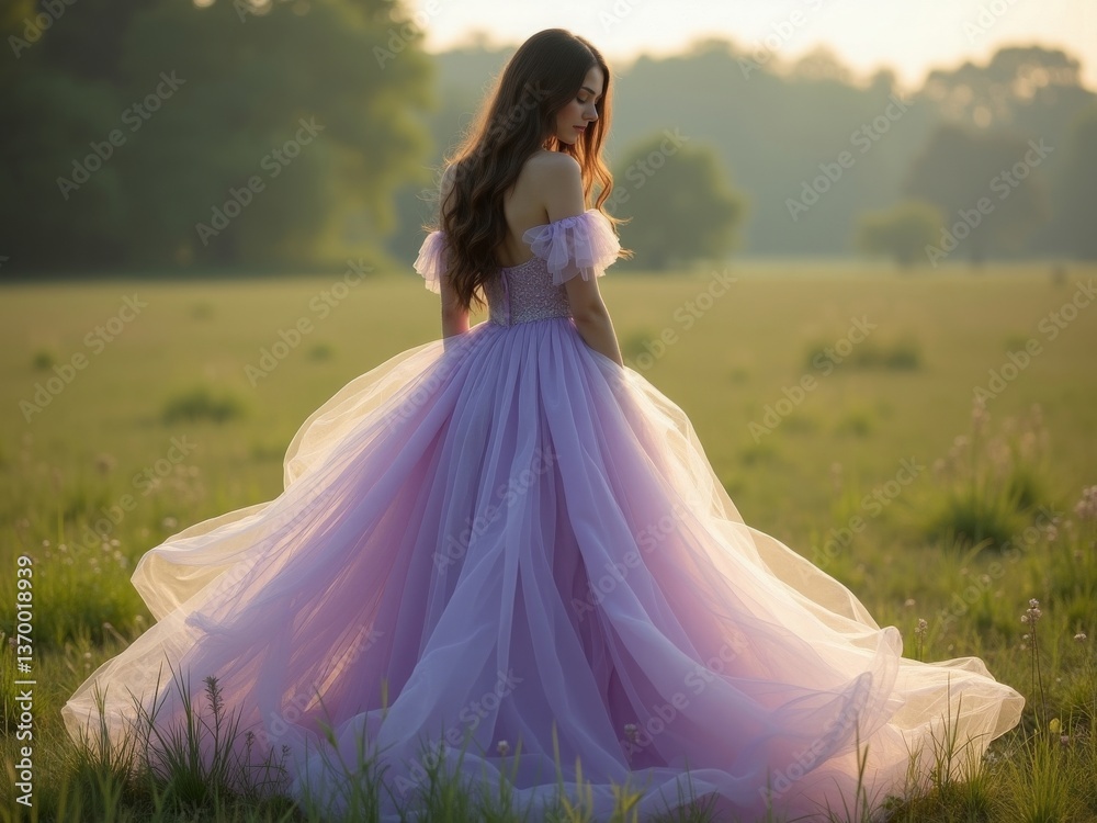 A serene figure in a flowing lavender gown stands in a sunlit meadow, surrounded by lush greenery and distant trees A serene figure in a flowing lavender gown stands in a sunlit meadow, surrounded by lush greenery and distant trees