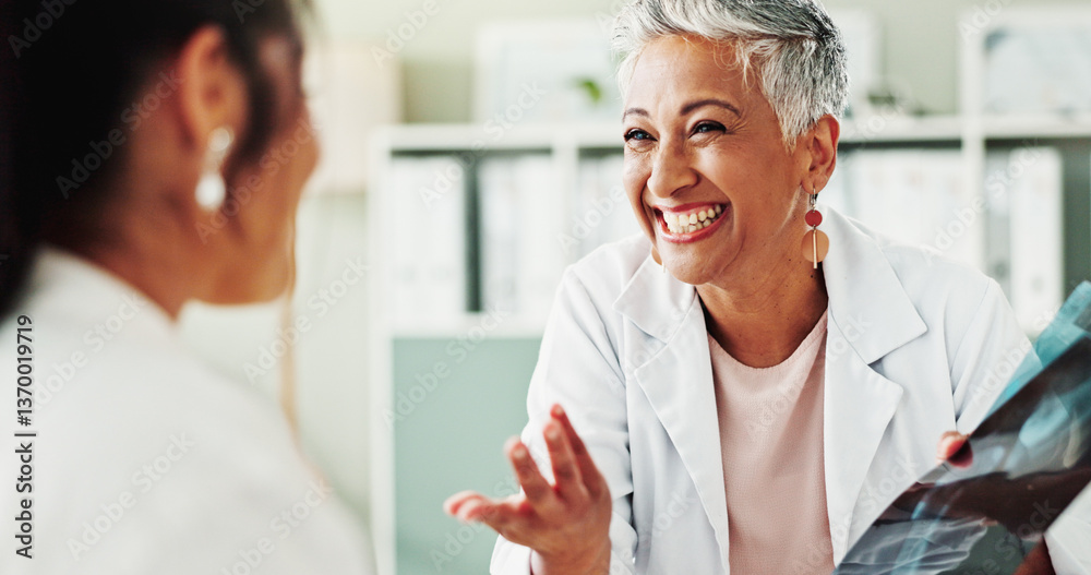 Fototapeta premium Healthcare, smile or x ray with doctor and patient in office of hospital for consulting. Feedback, medical or radiology with happy woman and mature medicine professional n clinic for treatment