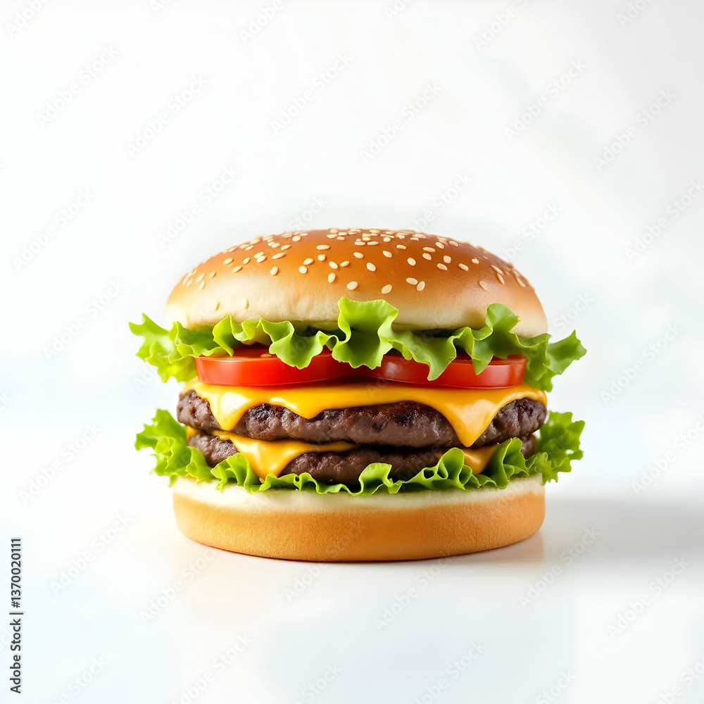 Fresh Cheeseburger with Sesame Seed Bun, Lettuce, Tomato, and Melted Cheese Fresh Cheeseburger with Sesame Seed Bun, Lettuce, Tomato, and Melted Cheese