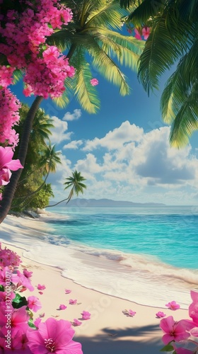 Tropical Beach Paradise with Pink Flowers and Palm Trees