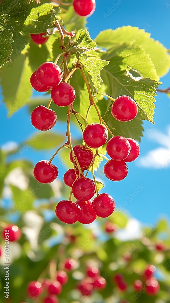 Fototapeta premium Ripe Cherries on Branch with Sunny Day.