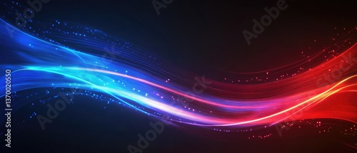 Abstract Dynamic Wave of Glowing Blue and Red Particles on Dark Background Creates a Futuristic Energy and Motion
