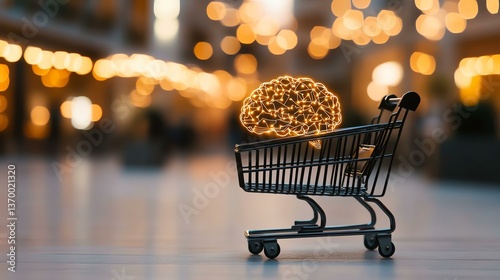 digital ai robot futuristic A shopping cart carries a glowing brain, symbolizing the blend of commerce and intelligence in a vibrant environment.