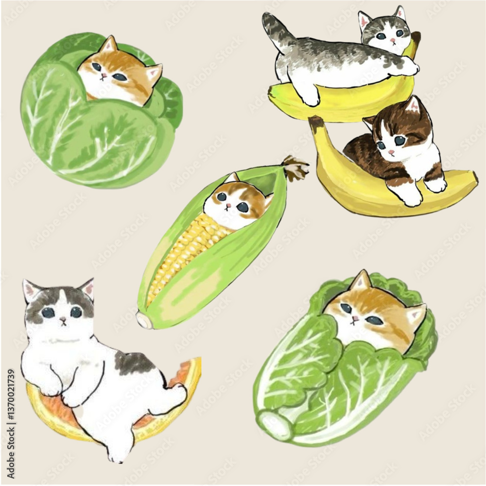 Naklejka premium cat and Desserts,food ,vetgetable,fruit illustration