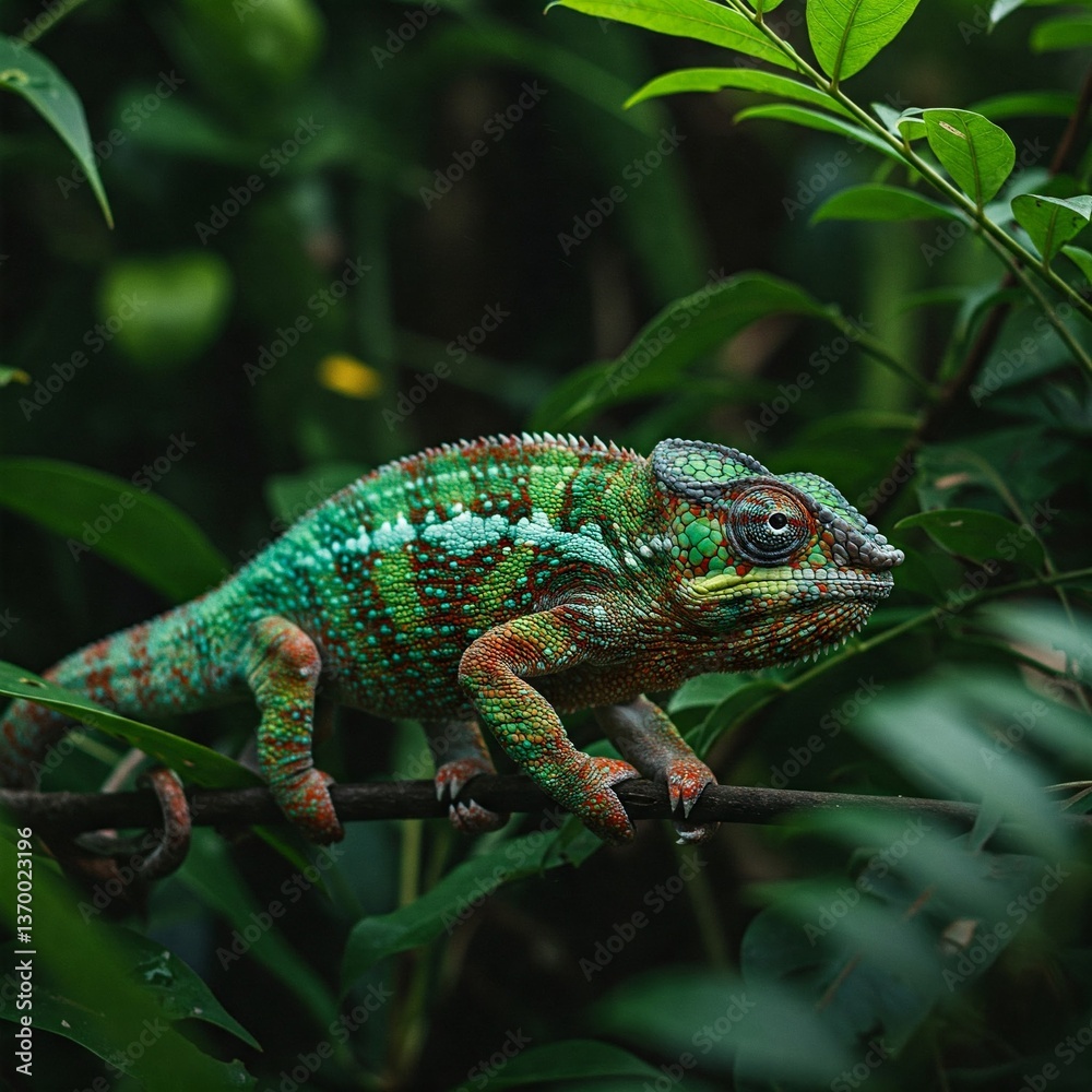 Fototapeta premium The Panther Chameleon – A Color-Changing Masterpiece, Blending Seamlessly Into Its Tropical Surroundings