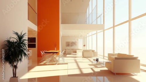 Modern Open-Plan Living Area, Sunlight, City View photo
