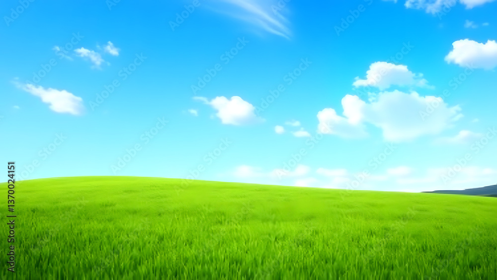A vast green field under a bright blue sky. The composition is simple and spacious, with a low horizon, making the sky stand out more than the rest. A vast green field under a bright blue sky. The composition is simple and spacious, with a low horizon, making the sky stand out more than the rest.