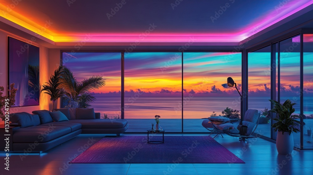 Fototapeta premium Modern Living Room with Ocean View, Colorful LED Lights, Sunset, Relaxing Atmosphere