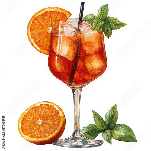 Aperol Spritz Cocktail Illustration Icy Refreshing Orange Drink with Basil Garnish