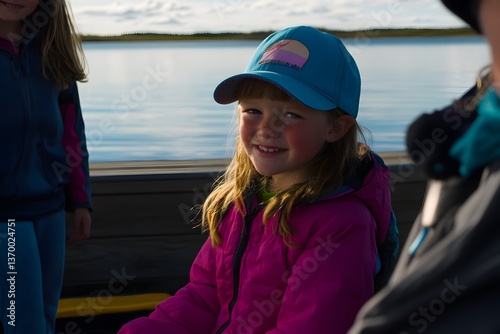 Smiling child with cap, lake background. Bright jacket and happy face