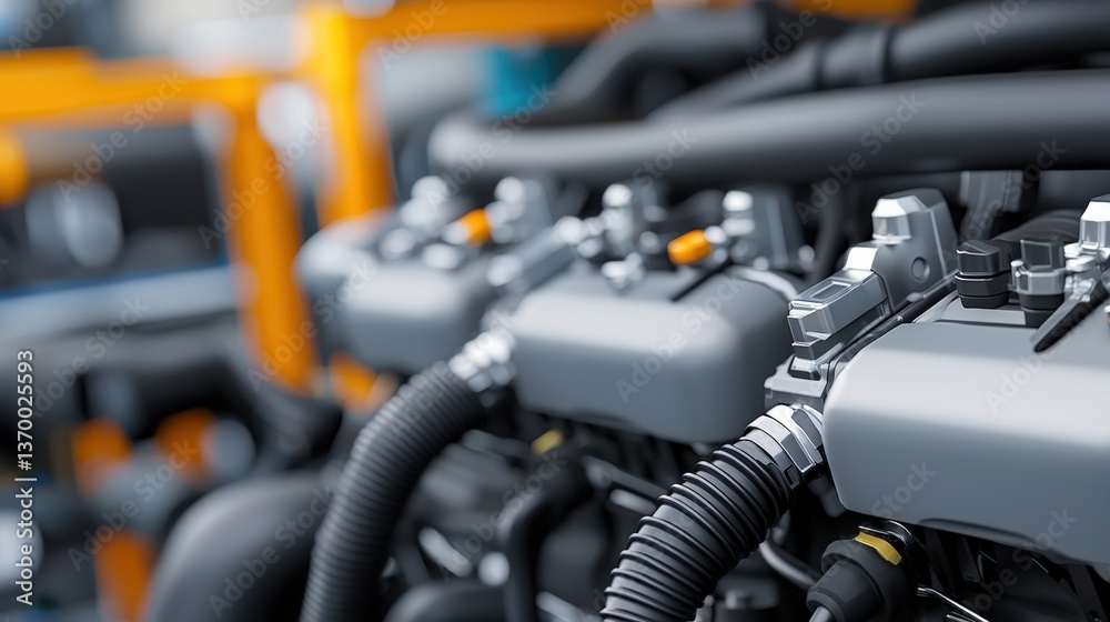 Fototapeta premium A close-up view of a modern engine showcasing intricate components and mechanical details, emphasizing precision engineering and automotive technology.