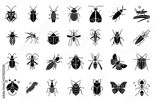Insects icon set. Signs of a variety of insects, butterflies, pests and parasites. Pest control. Vector illustration
