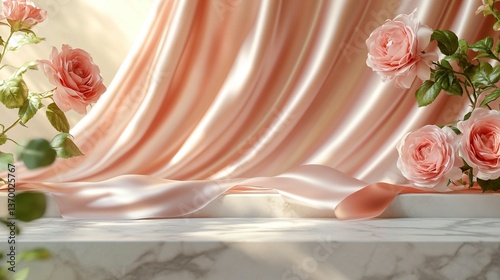 Elegant Roses & Silk Drape on Marble