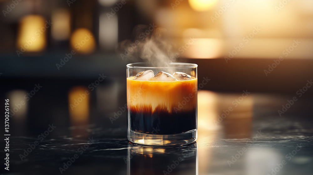 A minimalist high-end product photography shot of a ice bumble coffee (Bumblebee coffee). Orange coffee, tonic, coffee lemonade A minimalist high-end product photography shot of a ice bumble coffee (Bumblebee coffee). Orange coffee, tonic, coffee lemonade