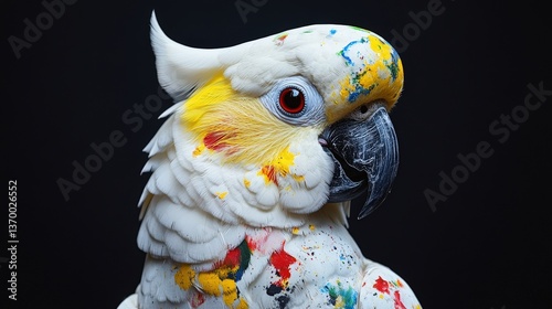 Striking cockatoo portrait! Vibrant paint splashes contrast beautifully against its white feathers and black beak. A bold, artistic moment