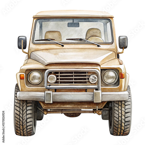 Beige safari car front view watercolor illustration isolated on transparent background  
