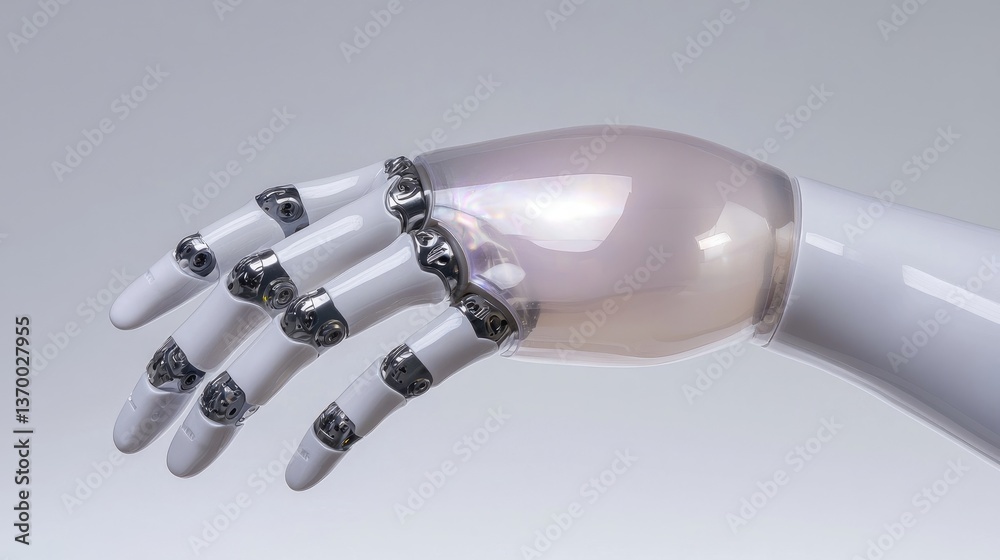 Advanced robotic hand, detailed articulation and seamless design. A sophisticated prosthetic or robotic appendage, showcasing intricate mechanical components Advanced robotic hand, detailed articulation and seamless design. A sophisticated prosthetic or robotic appendage, showcasing intricate mechanical components