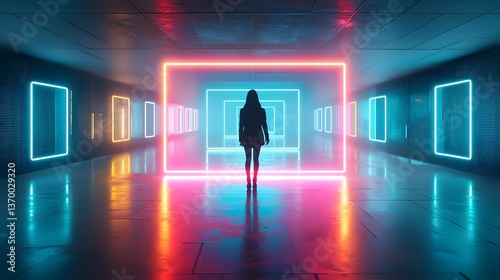 A solitary figure stands silhouetted against a backdrop of vibrant neon frames and abstract reflections in a glossy futuristic hallway