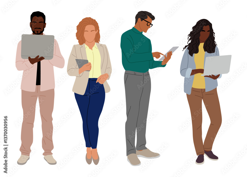 Set of Business people working at laptop. Different men, women wearing smart casual, formal office outfits standing with computer. Vector realistic illustration isolated Set of Business people working at laptop. Different men, women wearing smart casual, formal office outfits standing with computer. Vector realistic illustration isolated