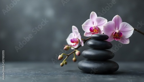 A still life photograph features a stack of smooth, dark stones balanced on a flat, dark surface, juxtaposed with a branch of delicate