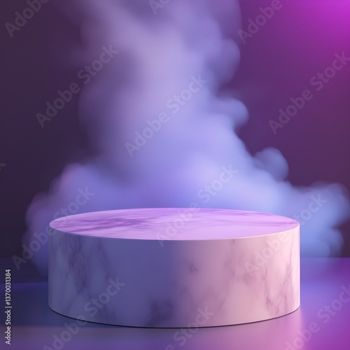 White marble  tube-shaped product stand with smoke background. Suitable for product promotion.