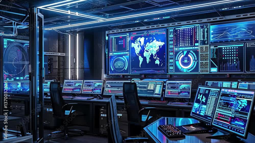 Screen Inside Inside a modern control room, multiple high-resolution screens display ...
