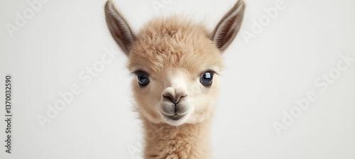  A cute baby llama peeking out playfully from behind an imaginary object on a white backdrop. 