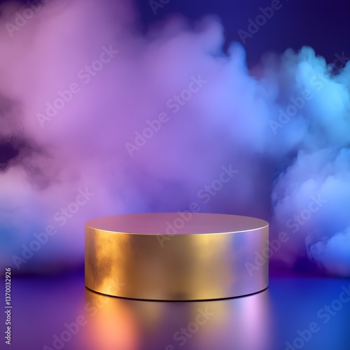 Product stand in the form of a tube that has a gold color with a colorful smoke background